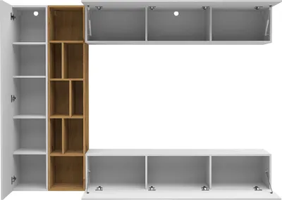 A modular living room furniture set, including a TV stand and shelving units, displayed against a white background.