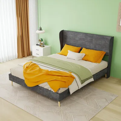 Immagine prodotto di Letto imbottito 140x200 cm, grigio, con rivestimento in velluto e testiera imbottita, design minimalista, senza contenitore, ideale per la camera da letto