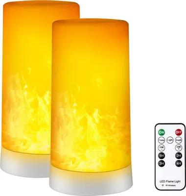 Produktbild von Zwei LED-Flammeneffektleuchten, 4 Modi, USB-Ladefunktion, inklusive Fernbedienung und Timer, 3000K (Dauerlicht + Flammenmodus).