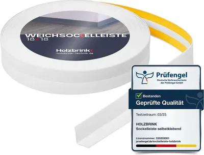 Immagine prodotto di HOLZBRINK Battiscopa adesivo in PVC bianco 18x18mm, 10 m | Battiscopa per mobile per bagno, top cucina | Profili in PVC per infissi | Listella pavimento