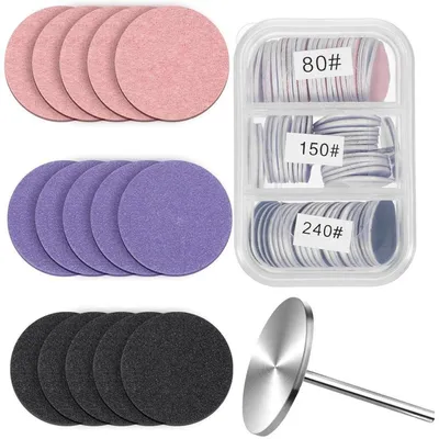 Image de Disques abrasifs pour pédicure, 60 pièces, avec foret métallique, grains 80/150/240, remplacement pour l'élimination des callosités, avec boîte de rangement
