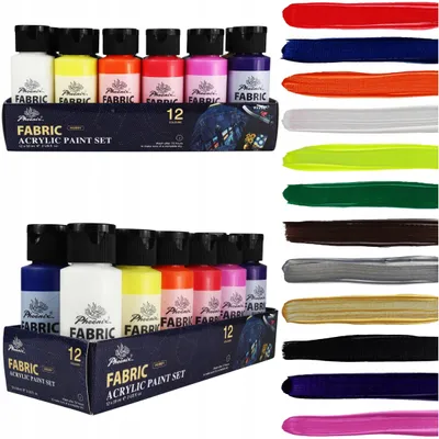 A collage of fabric paint sets and swatches of paint colors.