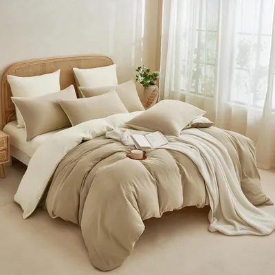 Zdjęcie produktu dla Komplet pościeli z muszyny, 200x220 cm, kolor khaki/jasnobrązowy, 100% bawełna, 3-częściowy, z zamkiem