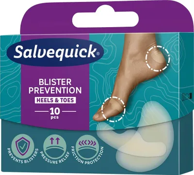 A product box for blister prevention patches, showing a foot with the patches applied to the heel and toe.