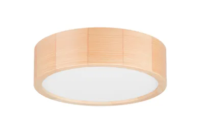 A round ceiling lamp with a wooden frame and a white diffuser.