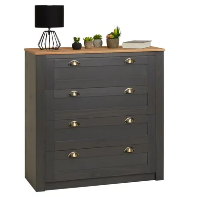 Produktbild von Kommode BOLTON aus Massivholz in anthrazit/braun, Sideboard mit 4 Schubladen und Muschelgriffen aus Metall, Sideboard aus Kiefer, Holz lackiert