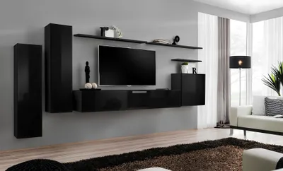 Image de Ensemble complet 7pcs Noir Meuble TV Support Salon Designer Armoire Murale