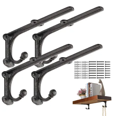 Produktbild von Solidchoice – Industrielle Regalhalterungen mit Haken – Set aus 4 schwarzen Gusseisen-Halterungen