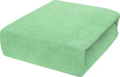 Produktbild von Frottee Spannbettlaken Erbsengrün 90x200 cm aus Baumwolle und Polyester mit Elasthan, Rundum-Gummizug, weich, atmungsaktiv, passend für Betten
