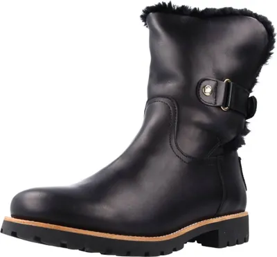 A black winter boot with fur trim and a buckle detail, shown against a white background.