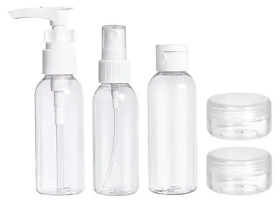 Obrázok produktu pre Sada cestovných flakónov UNIQ, 5-dielna (3 flakóny po 50 ml + 2 krémové kelímky) do príručnej batožiny