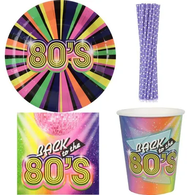 Produktbild von 80er Jahre Party Einweggeschirr Partygeschirr Deko Set Partyset 80s Dekoration Teller Becher Servietten