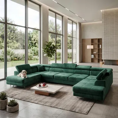 Produktbild von MUFFO Ecksofa U-Form WILD MAXI U2 mit Schlaffunktion 125x329 Velours Dunkelgrün