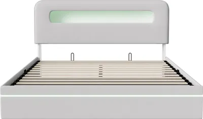 Obrázek produktu pro Čalouněná postel ProximaX s LED osvětlením 140x200 cm v béžové sametové barvě - postel s hydraulickým úložným prostorem, čelem s policí a integrovanými LED diodami na čele a nohách, moderní design a vysoká úroveň pohodlí