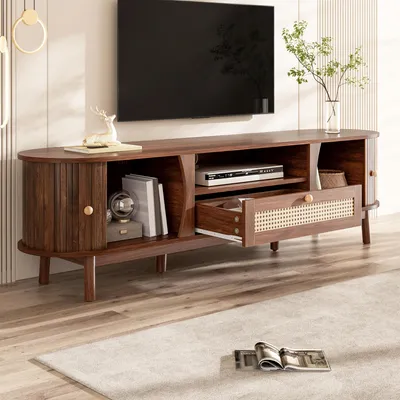 Image de OKWISH Meuble TV Bas - avec Tiroirs et Portes, Rotin en MDF - 165x37x46 cm - Noyer
