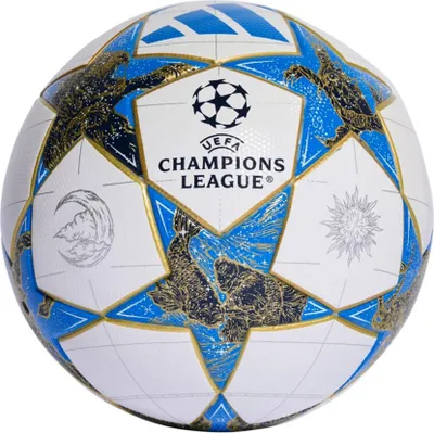 A close-up, studio shot of a UEFA Champions League soccer ball.