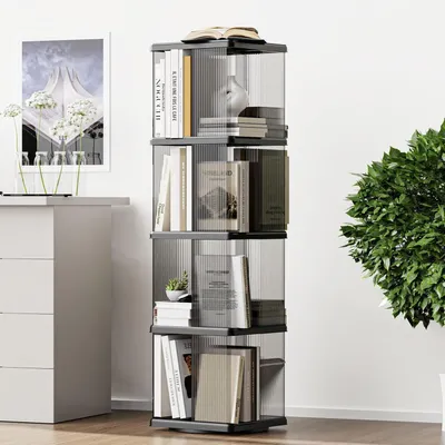 Produktbild von Drehbares Bücherregal 4 Ebenen Rechteckig Schwarz Transparent
