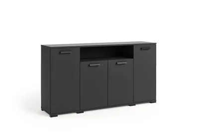 Produktbild von Kommode FINO III mit 4 Türen und Regal, Großes Sideboard mit Stauraum, Wohnzimmerschrank für Wohnzimmer und Esszimmer, Modernes Möbelstück, Schwarz