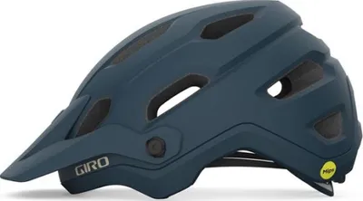A blue Giro bicycle helmet with a visor and MIPS technology.