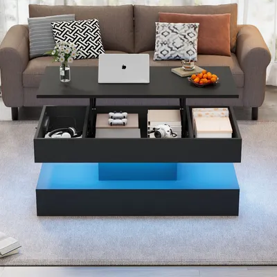 Produktbild von okwish Couchtisch ,Kaffeetisch mit LED-Beleuchtung und verstecktem Stauraum - Beistelltisch mit hydraulischem Hub, Schwarz