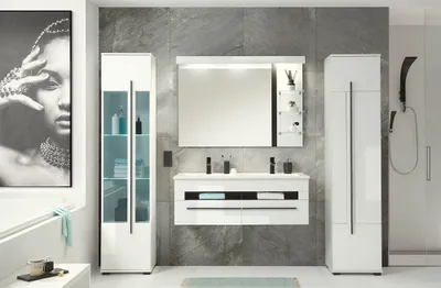 Produktbild von Badezimmer Kombination mit Doppelwaschbecken und Beleuchtung CHARLESTON-61 in Hochglanz weiß, B/H/T: ca. 230/200/45 cm