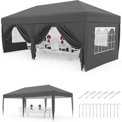 Image de Pavillon de jardin 3x6 mètres - Tente pliante pour fêtes - Tissu Oxford 600D imperméable - Protection UV UPF 50+ - Montage rapide et automatique - Hauteur réglable - Gris