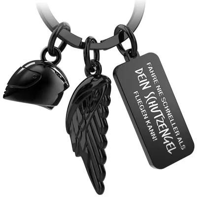 Produktbild von FABACH Motorrad Schlüsselanhänger mit Motorradhelm, Engelsflügel und Gravur - Fahr vorsichtig Engel für Motorradfahrer - Glücksbringer Führerschein