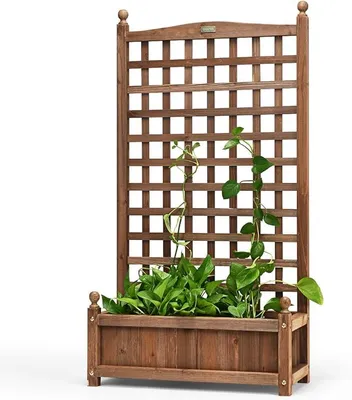 Image de Jardinière avec treillis, bac surélevé en bois de sapin, jardinière pour plantes grimpantes, bac de jardin avec trous de drainage et protection visuelle, jardinière avec treillis pour terrasse, balcon, couleur marron foncé