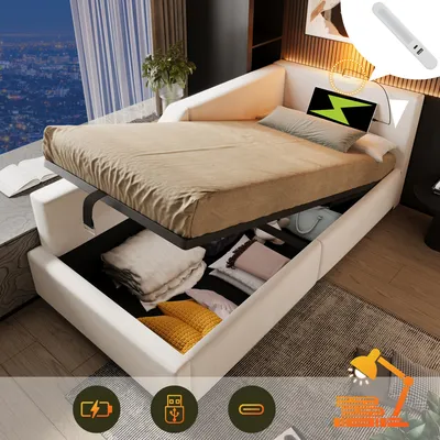Image de MODFU Lit Coffre 90 x 190 cm - Lit Ado et Lit Rembourré Avec Fonction USB-C et Lampe de Lecture, Velours, Beige