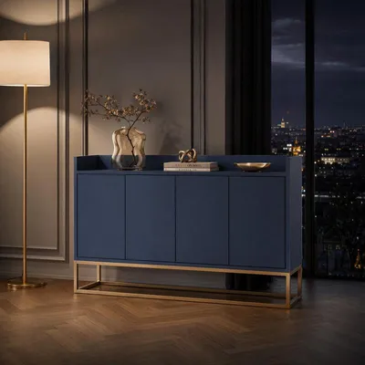 Produktbild von UnboxG Sideboard 120 cm, Kommode mit 4 Türen, höhenverstellbaren Einlegeböden und Push-to-Open, mit goldfarbenem Metallgestell, Marineblau