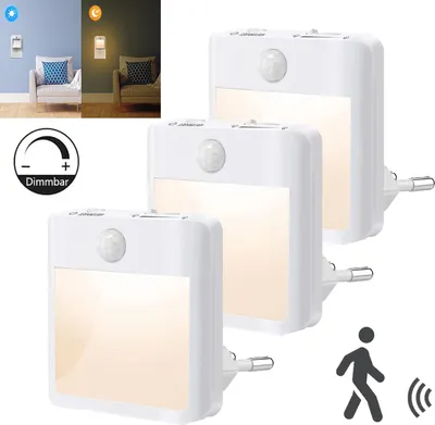 Three white LED night lights plugged into an outlet, with a graphic indicating dimmable features and a motion sensor icon.