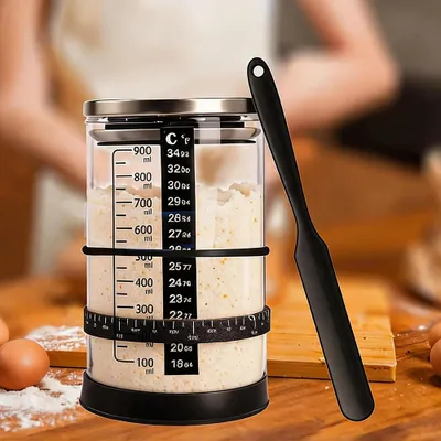 Immagine prodotto di Contenitore per la lievitazione del pane a lievito madre - Contenitore per la fermentazione da 1000 ml - Realizzato in vetro - Coperchio traspirante in acciaio inossidabile - Scala per la data - Indicatore di alimentazione