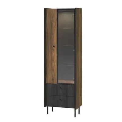Produktbild von BEAUTYSOFA | Vitrine PIANO mit 2 Türen, 2 Schubladen, 4 Einlegeböden, Hochkommode Glasfront, Schwarz und Bronze, Modern Stil
