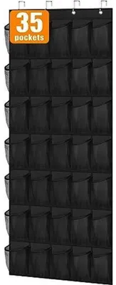 Image de Organisateur de chaussures suspendu avec 35 poches, robuste, pour porte, en tissu Oxford noir, dimensions 174 x 62 cm