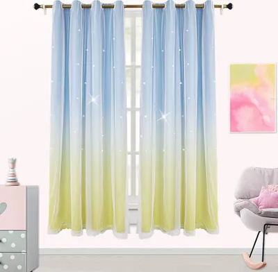 Produktbild von Topchances 1 Panel Gardinen Vorhänge, Verdunklungsvorhänge Kinderzimmer& Schlafzimmer, Stern Vorhänge Schlafzimmer Wohnzimmer Bunte Doppelschicht Stern Fenstervorhänge (Blau+Gelb,52*95 Zoll)