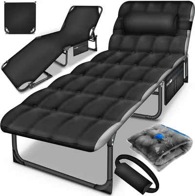 Obrázek produktu pro Campingová postel – skládací přistýlka – pro relaxaci venku – s opěrkou hlavy – rozměry 190x68x32 cm – černá/šedá