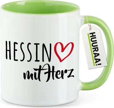 Produktbild von Huuraa Kaffeetasse Hessin mit Herz 330ml Grün Keramik Kaffeebecher Geschenkidee