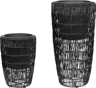 Produktbild von BELIANI Blumentopf 2er Set Schwarz Rattan mit Innentopf Rund Bauchig Geflochten Verschiedene Größen 40 cm und 66 cm Hoch Modern Outdoor & Indoor