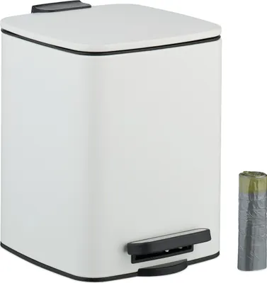 Zdjęcie produktu dla Kosz na śmieci Relaxdays, 6 l, automatyczne opuszczanie, wyjmowana wkładka, metalowy, kosz łazienkowy, w zestawie worek na śmieci, biały