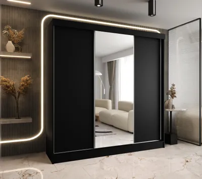 Produktbild von Raummeister Schwebetürenschrank 3D (3-türig) 190 cm - Schwarz - Front Platte + Spiegel + Platte - Schubladen 0