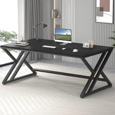 Productafbeelding van Bureau, computerbureau, kantoorbureau, bureau voor thuiswerk, werkruimte, gaming-pc bureau, houten bureau, metalen bureau, zwart, 180 x 80 cm