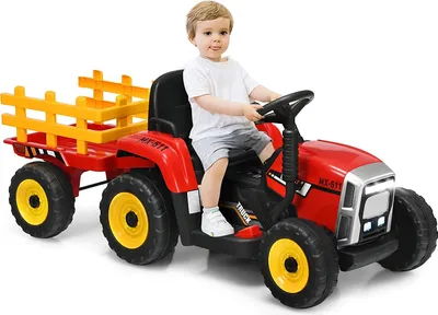 Produktbild von Traktor mit Abnehmbarem Anhänger, Kindertraktor mit LED-Licht & Musik & Fernbedienung, Trettraktor mit max. Tragfähigkeit von 30 kg, Aufsitztraktor (Rot)