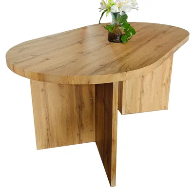 Produktbild von Esstisch 160 x 90 cm Holz Wildeiche-Optik gerade Kante oval V-Gestell OVI, KI-generiertes Bild