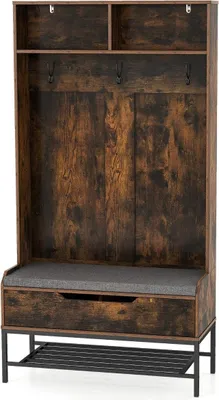 Produktbild von 4 in 1 Garderobe mit Sitzbank & Schuhschrank & 3 Haken Garderobenständer Kleiderständer Braun