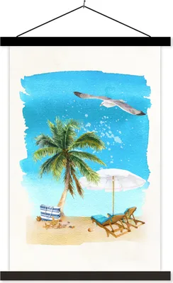 Produktbild von MuchoWow® Textilposter Strandkorb - Sonnenschirm - Palme - Himmel 120x180 cm mit schwarzem Rahmen - Fotos