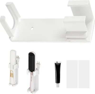 Imagen del producto de Soporte de aluminio para planchas de pelo – Organizador con almacenamiento para cables y adhesivo – Blanco (125 x 45 x 44 cm)