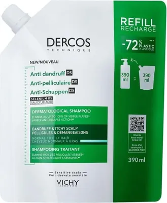 A refill pouch of Vichy Dercos Anti-Dandruff Shampoo.