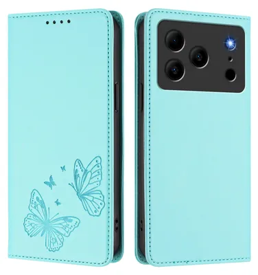 Image de Étui en cuir pour Doogee Note 56 / Note 56 Pro, étui de protection type portefeuille en cuir gaufré motif papillon avec support, couleur turquoise
