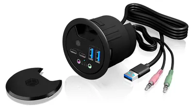 Produktbild von ICY BOX IB-HUB1403B, 4 Port USB 3.2 Gen 1 Tisch-Hub mit Type-C®, Type-A und Audio Ein-/Ausgang, Anthrazit, Kunststoff, Leistung, 69 mm, 56 mm, 69 mm
