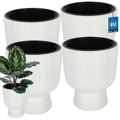 Produktbild von KOTARBAU® 4er Set Blumentopf ⌀ 29cm Orchideentopf Übertopf mit Innentopf Pflanzentopf mit Sockel Geriffelt Kelchform Pflanzkübel aus Kunststoff Weiß